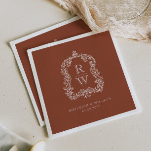 Vintage Monogram Crest Names Terracotta Wedding Napkin