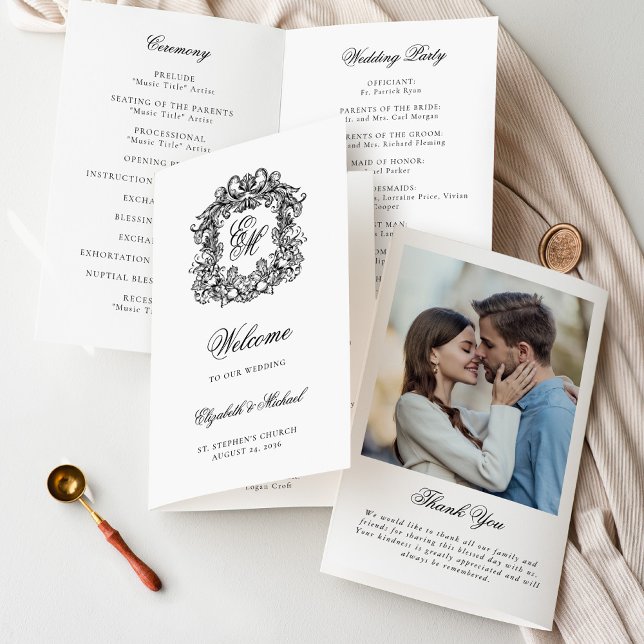 Vintage Monogram Crest Wedding Photo Program (Creator Uploaded)