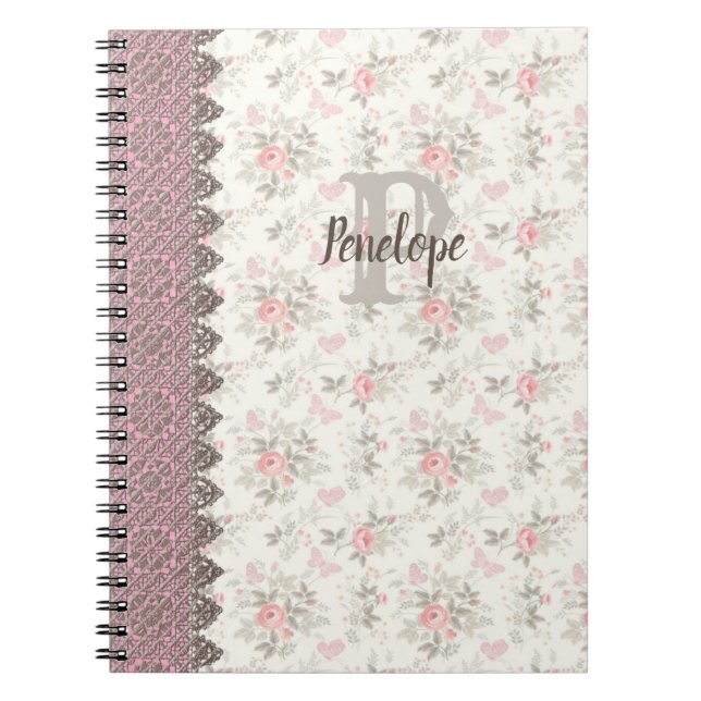 Vintage Monogram Floral Design Pink Notebook (Front)