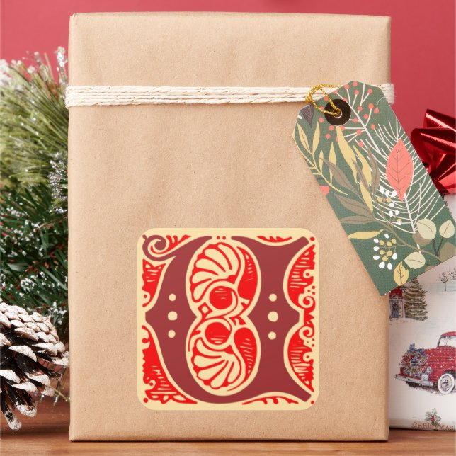 Vintage Monogram Initial Letter U Square Sticker (Holiday)