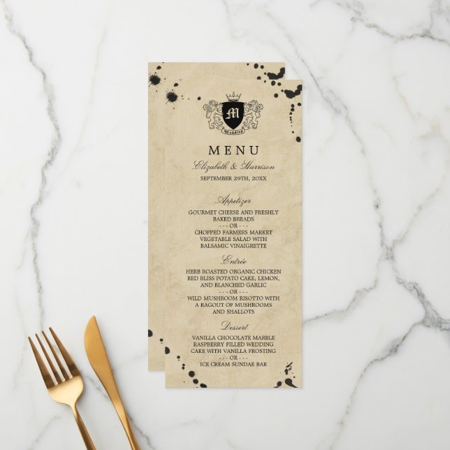 Vintage Monogram & Ink Stain Wedding Menu (Front/Back In Situ)
