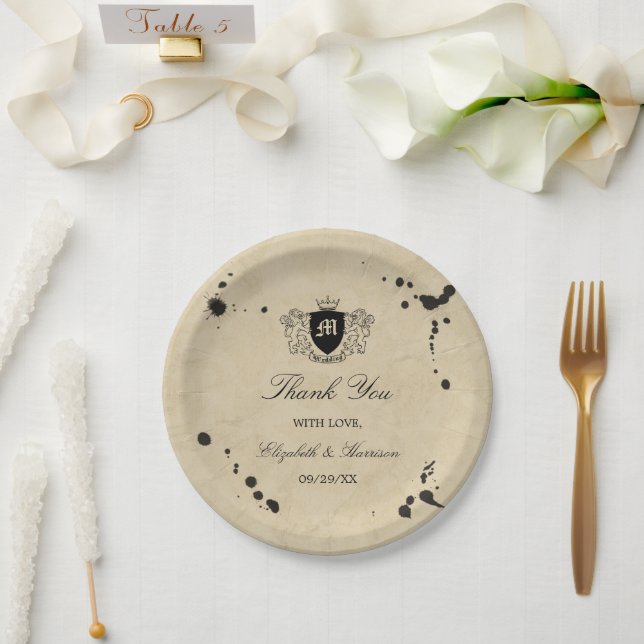 Vintage Monogram & Ink Stain Wedding Paper Plate (Wedding)
