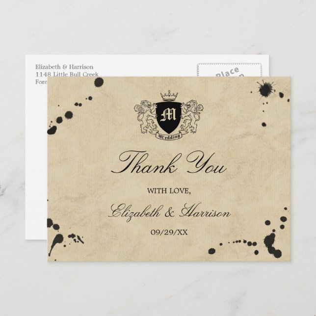 Vintage Monogram & Ink Stain Wedding Postcard (Front/Back)