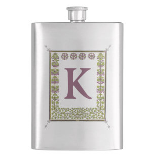 Vintage Monogram Letter Floral Frame Nouveau Hip Flask