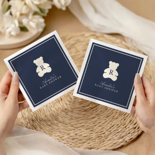 Vintage Monogram Navy Blue Teddy Bear Baby Shower Napkin