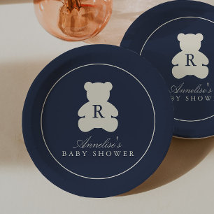 Vintage Monogram Navy Blue Teddy Bear Baby Shower Paper Plate