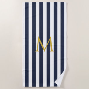 Vintage Monogram Navy Blue & White Stripes Striped Beach Towel