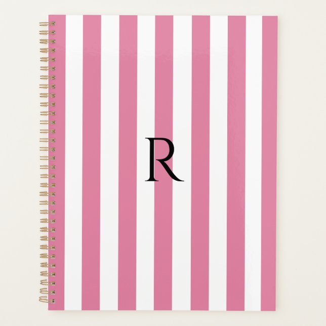 Vintage Monogram Pink & White Stripes Striped Planner (Front)