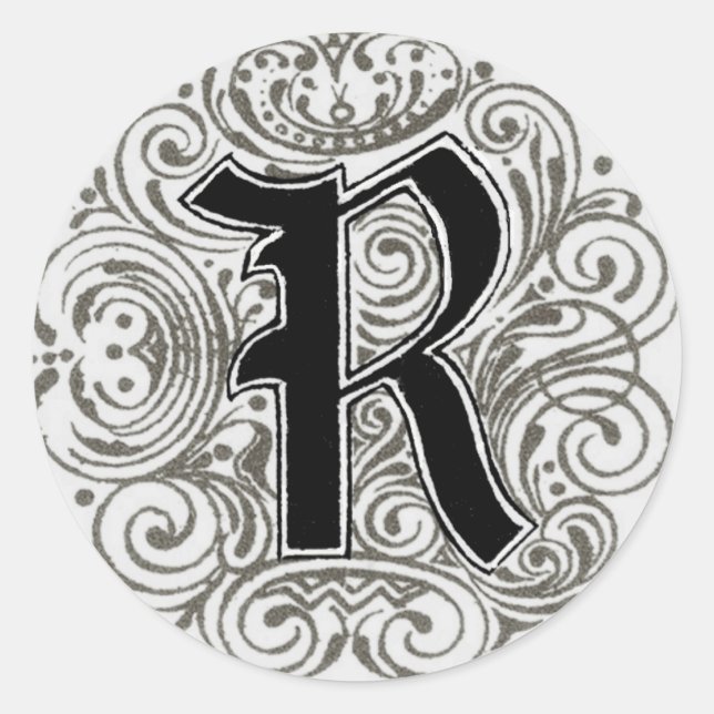 Vintage Monogram ‘R’ in Grey Classic Round Sticker (Front)