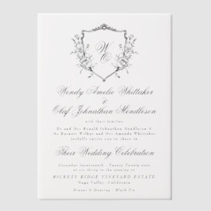 Vintage Monogram Wreath Black & White Wedding Vellum Invitations