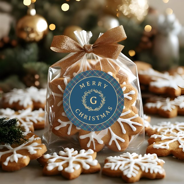 Vintage Monogram Wreath Blue Plaid Christmas Classic Round Sticker (Creator Uploaded)