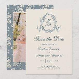 Vintage Monogrammed Blue Floral Save The Date