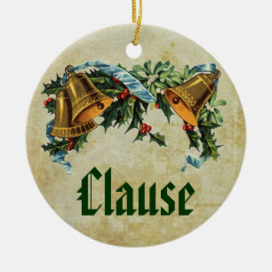 Vintage Monogrammed Christmas Holly & Bells Ceramic Tree Decoration