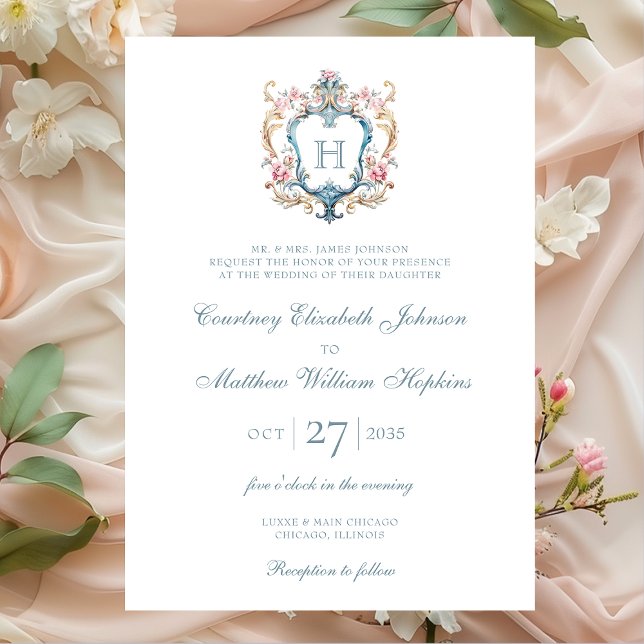Vintage Monogrammed Floral Crest Wedding Invitation (Creator Uploaded)