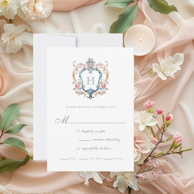 Vintage Monogrammed Floral Crest Wedding RSVP Card (Creator Uploaded)