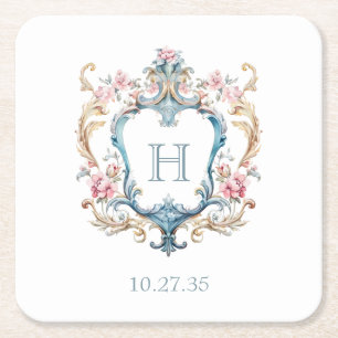 Vintage Monogrammed Floral Crest Wedding Square Paper Coaster