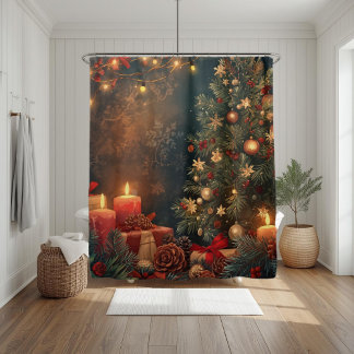 Vintage Moody Christmas Tree & Candle  Shower Curtain