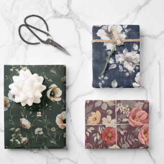 Vintage Moody Floral Faux Linen Texture Wrapping Paper Sheet