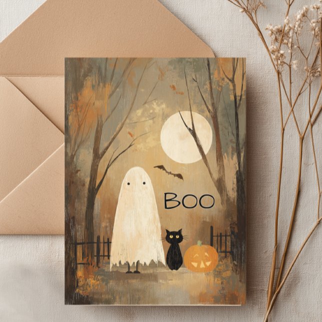 Vintage Moody Ghost & Black Cat Card (Cute Moody Ghost Halloween. Card)