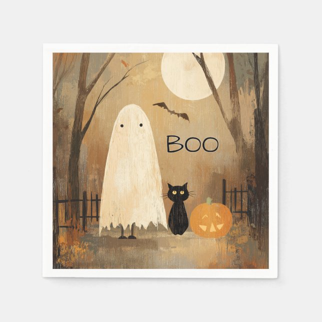 Vintage Moody Ghost & Black Cat Napkin (Front)