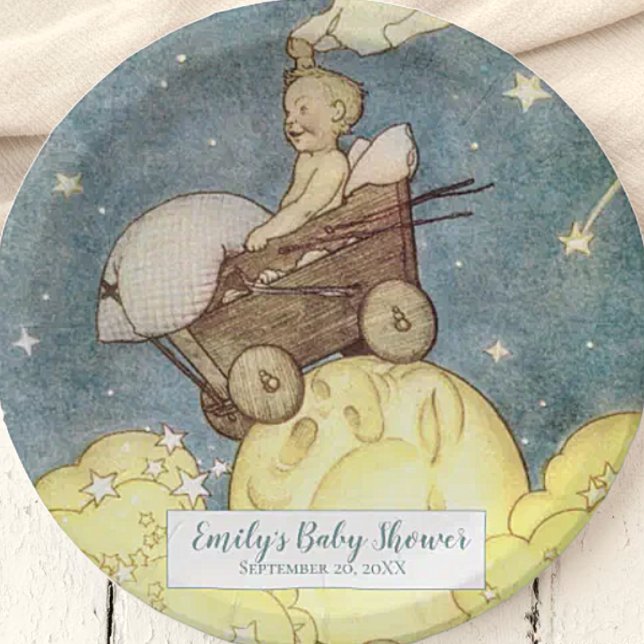 Vintage Moon and Stars Baby Shower Paper Plate (Creator Uploaded)