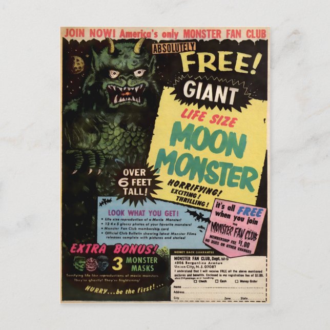 Vintage Moon Monster Advertisement Postcard (Front)