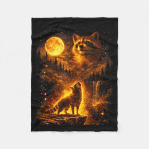 Vintage moonlight animal funny racoon howling at fleece blanket