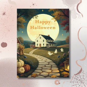 Vintage Moonlit Farmhouse Happy Halloween Postcard