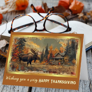 Vintage Moose and Cabin Thanksgiving Foil Holiday Card
