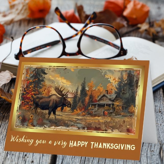 Vintage Moose and Cabin Thanksgiving Foil Holiday Card (Creator Uploaded)