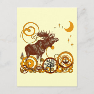 Vintage Moose Moon and Stars Postcard