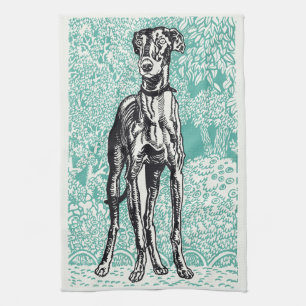 Vintage Moriz Jung Greyhound Art Teal Background Tea Towel