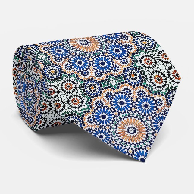Vintage Moroccan Blue Floral Pattern Tie (Rolled)