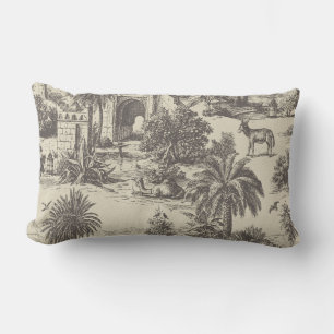 Vintage Moroccan Toile Camel Oasis Palm Tree Lumbar Cushion