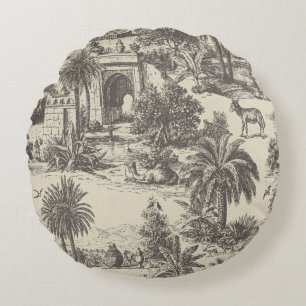 Vintage Moroccan Toile Camel Oasis Palm Tree Round Cushion