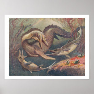 Vintage Mosasaurus vs. Ichthyosaurs Print
