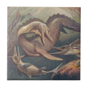 Vintage Mosasaurus vs. Ichthyosaurs Print Tile