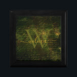 Vintage Moss Green Gold Grunge Script Monogrammed Gift Box<br><div class="desc">Vintage Moss Green Golden Grunge Scripted Gift box with an option to Add monogram and name. it can be a personalised gift for weddings,  anniversaries,  birthdays,  bridal showers,  or engagements.</div>