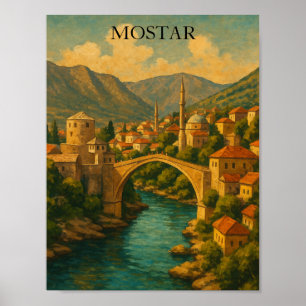 Vintage Mostar Bridge Bosnia Travel Poster
