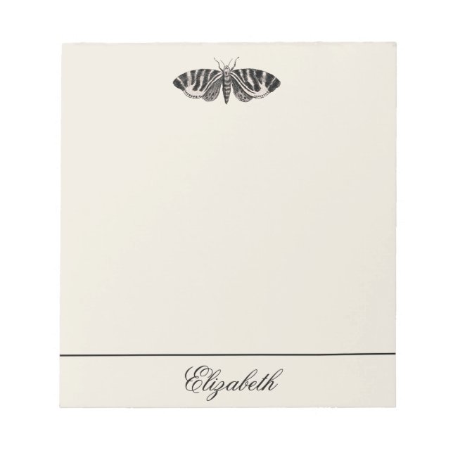 Vintage Moth Illustration Black Beige Personalised Notepad (Front)