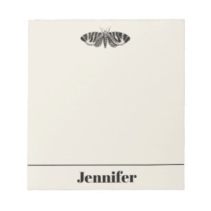 Vintage Moth Illustration Black Beige Personalised Notepad