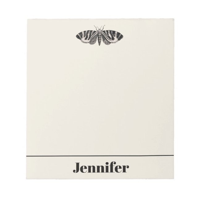 Vintage Moth Illustration Black Beige Personalised Notepad (Front)