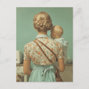 Vintage Mother and Baby Kitchen Scene Postcard