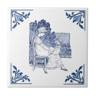 Vintage Mother and Child Delft Blue & White Ceramic Tile
