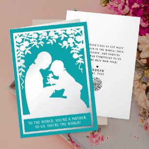 Vintage Mother' And Child Rose Turquoise Floral  Foil Holiday Card