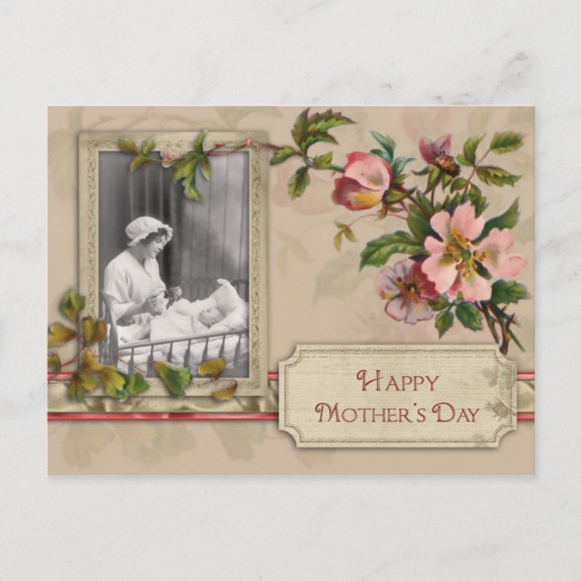 Vintage Mother and Child with Flowers Postcard (Front)