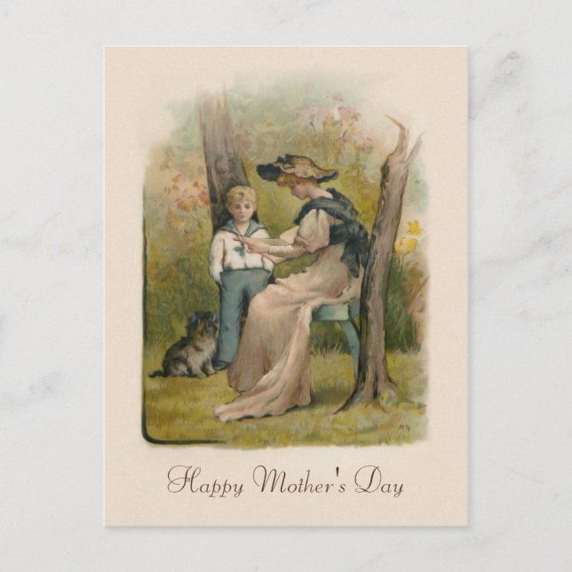 Vintage Mother and Son with Puppy Holiday Postcard (Front)