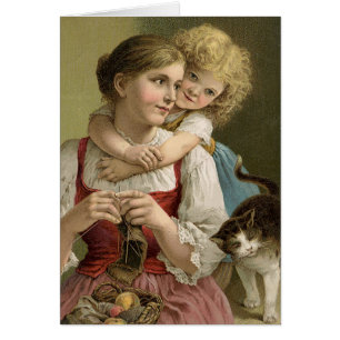Vintage Mother, child, cat, knitting Mothers Day