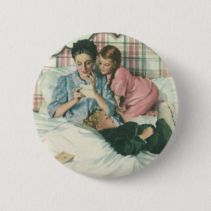Vintage Mother Day, Children Reading Cards in Bed 6 Cm Round Badge