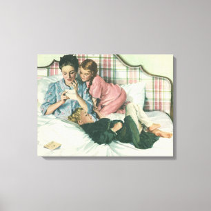 Vintage Mother Day, Children Reading Cards in Bed Canvas Print